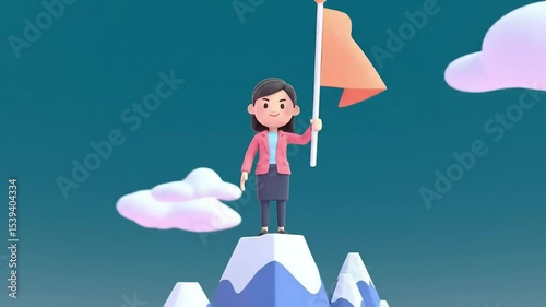 3D minimal cartoon business character standing on top of mountain holding flag