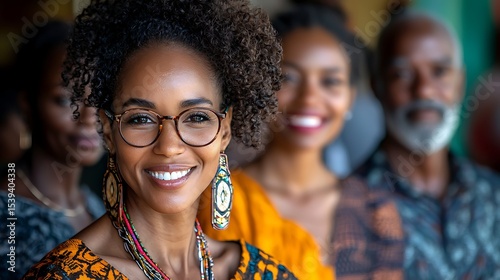 Woman in colorful attire and statement earrings smiling with family in background. Cultural pride and generational beauty.  African American Heritage Month visuals