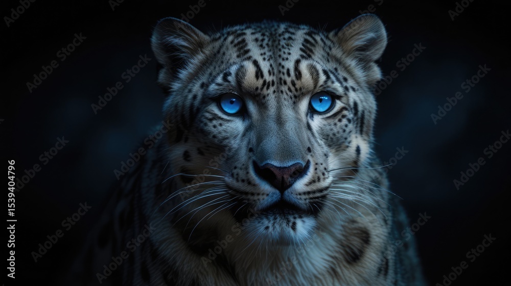 Obraz premium Blue Glowing Eyes of a Snow Leopard in the Dark