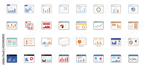 Collection of colorful graphic illustrations depicting various data analysis and business financial statistical charts.