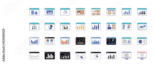 Diverse collection of statistical data charts and graphs within computer window icons for analysis and reporting.