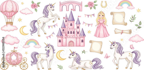 Watercolor clipart with Unicorns and princess castle in pastel pink and beige colors for Baby girls. Illustration of balloon, stars and clouds for childish design. Fantasy carriage and garlands.