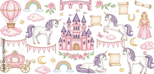 Watercolor clipart with Unicorns and princess castle in pastel pink and beige colors for Baby girls. Illustration of balloon, stars and clouds for childish design. Fantasy carriage and garlands.