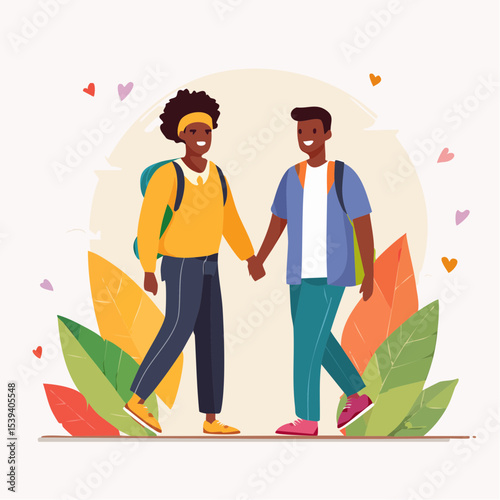 A same-gender couple holding hands while walking, symbolizing love, pride, and everyday inclusion.