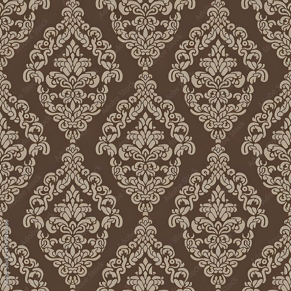 Fototapeta premium Elegant damask pattern showcasing intricate floral motifs on a deep chocolate background