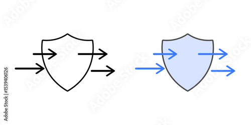 API gateway icon with flowing arrows passing through a shield, in outline and color styles, ideal for illustrating secure cloud API traffic management and integration.