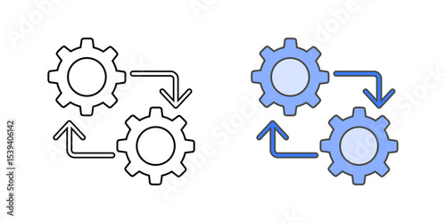 CI/CD pipeline icon with connected gear icons and directional arrows, in outline and color styles, ideal for illustrating continuous integration and deployment in cloud development workflows.