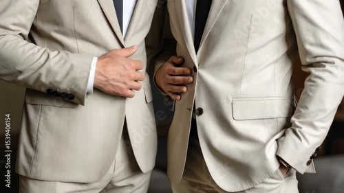 Close-up of two people in light colored suits with hands placed across their lapels.