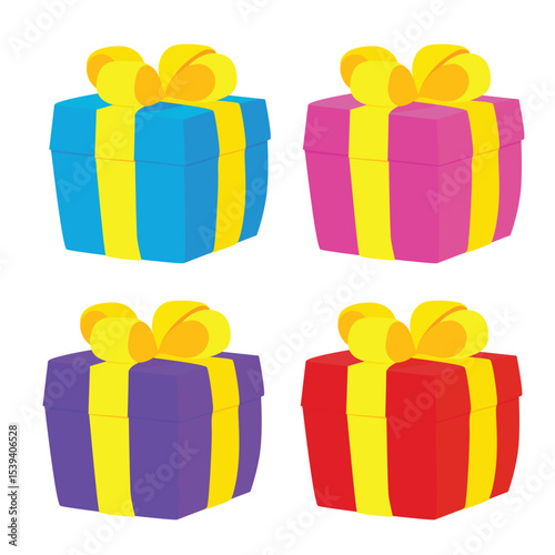 Flat vector set of vibrant gift boxes in red, pink, purple, and blue with yellow ribbons and bows. Perfect for use in party invites, celebration graphics, or festive-themed illustrations.