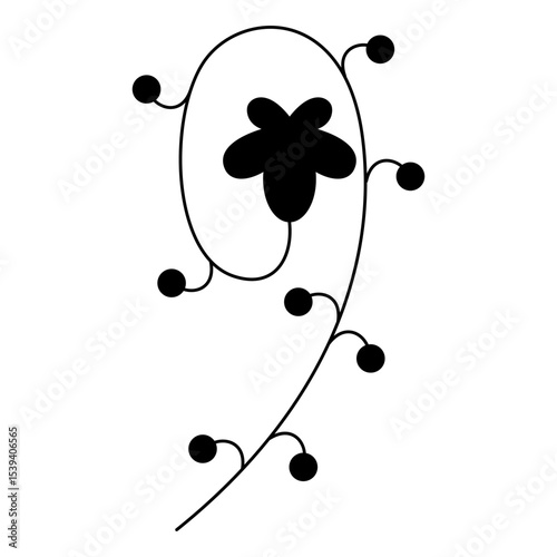 Decorative floral element. Stylized flower. Numeral 9. Botanical digit nine. Swirled blooming branch. Black silhouette on white background.