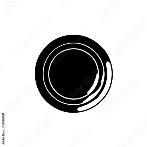 Minimalist Black Plate with White Rings - Top View. A sleek and modern black plate with two concentric white rings, presented from a top-down perspective on a clean grey background