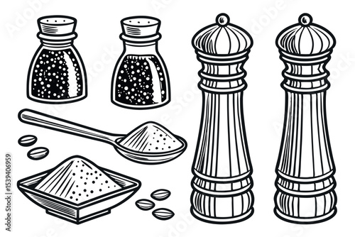 Black and white illustration of spice shakers grinders salt pepper and spices