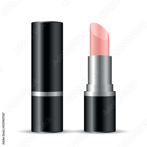 Open nude pink lipstick in black tube with cap, realistic cosmetic vector mockup