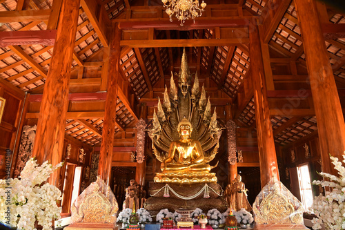 Golden sitting Buddha statue and there is a serpent covering the back in Buddhist Thai Church at Wat Den Sali Si Mueang Kaen temple. Located at Chiang Mai city in Thailand.