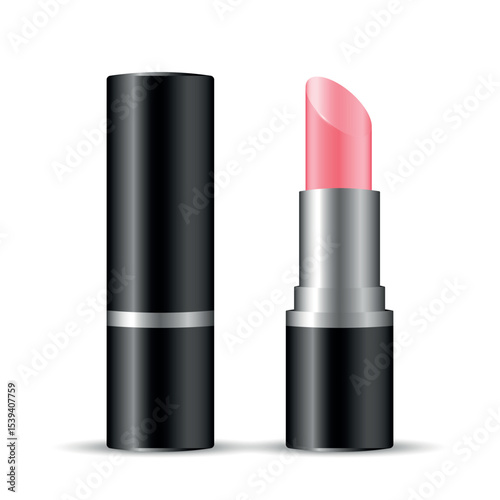 Open bright pink lipstick in black tube with cap, realistic vector cosmetic mockup