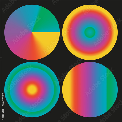 Colorful circle collection. Rainbow gradient spheres. Bright disc pattern. Vector color palette