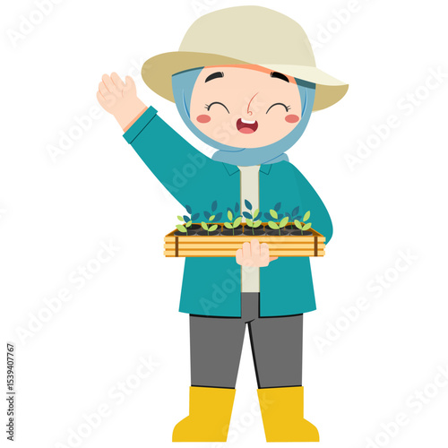 Cute hijab asian girl brings seedling in farmland in a summer