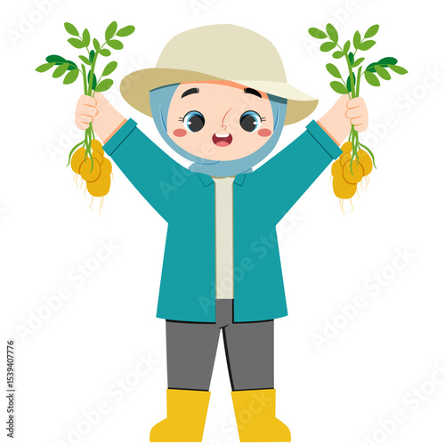 Cute hijab asian girl hold potato in both hands in farmland in harvest moon
