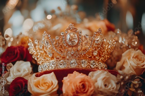 A lavish golden crown sits on a velvet cushion surrounded by delicate shimmering crystals and soft focus flowers