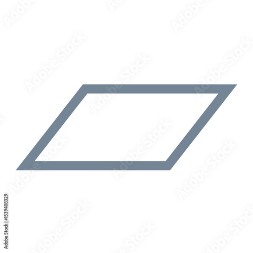 Gray parallelogram outline with a white interior space on a plain white background is displayed here