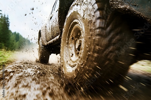 A high-resolution close-up of a tire spinning on a rugged off-road vehicle as it powers through mud, sending dirt flying into the air. The texture of the tire’s treads contrasts with the surrounding