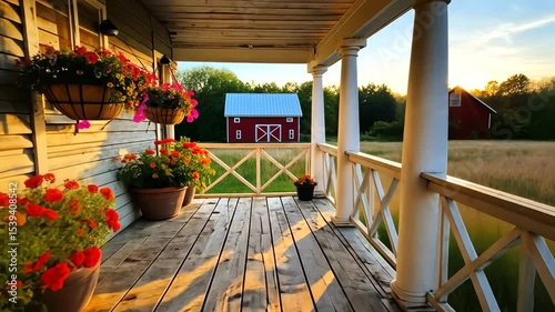 Cozy porch with vibrant flowers overlooking a sunset and a rustic red barn in the background