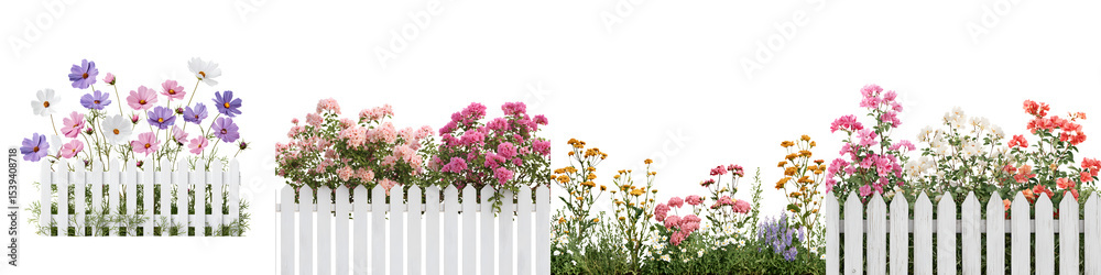 Obraz premium Colorful flowers blooming in a garden behind a white picket fence