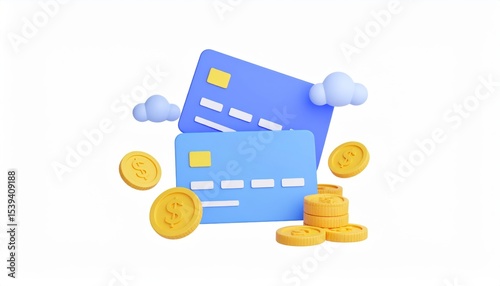 Eye-catching 3d render of a credit card with coins representing online banking and financial management concepts