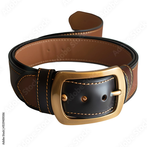 Cartoon leather belt with buckle browngold isolated on transparent background