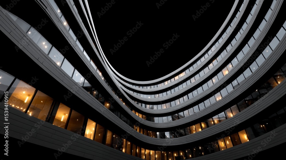 Naklejka premium Modern Curvy Building Exterior Illuminated Windows at Dusk
