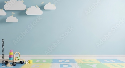Light Blue Wall Background in Nursery Room with Wooden Toys and ABC Blocks