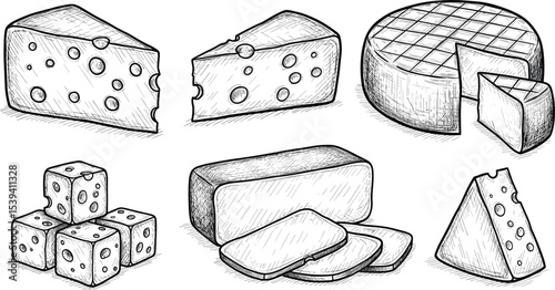Vector illustration with slices of Cheese. Linear drawing of dairy products painted by black inks for cookbook or menu. Outline etching of food. Monochrome etching of gouda or cheddar in retro style