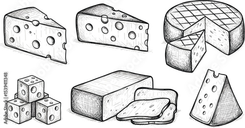 Vector illustration with slices of Cheese. Linear drawing of dairy products painted by black inks for cookbook or menu. Outline etching of food. Monochrome etching of gouda or cheddar in retro style