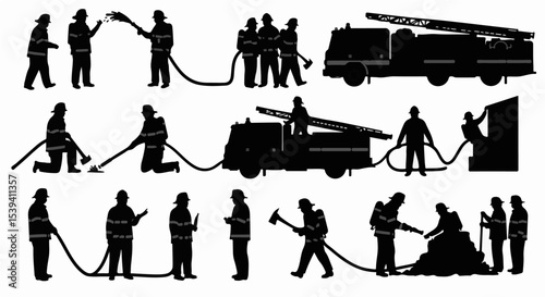 Firefighters Silhouettes Collection Stock Illustration featuring Emergency Responders and Fire Trucks