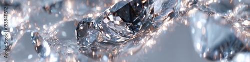 A close up of several clear diamonds with sparkling lights reflecting on the facets of the gems