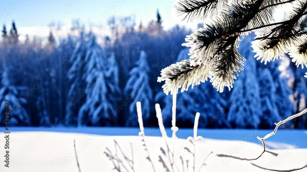 Frosty coniferous tree branches covered in ice crystals with snow covered forest background on a sunny winter day