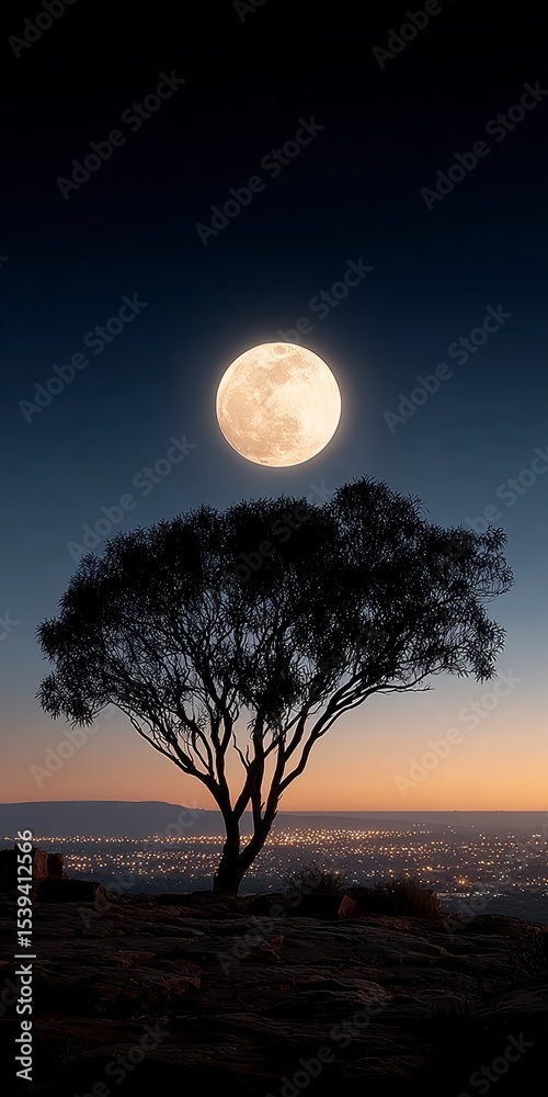 Fototapeta premium Serene Moonlit Night Tree Silhouette City Lights Full Moon Landscape