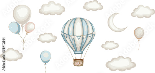 Watercolor hot Air Balloon with garlands, clouds and stars. Hand drawn Baby illustration of vintage aircraft in pastel blue end beige colors. Cute drawing for newborn shower or kid birthday