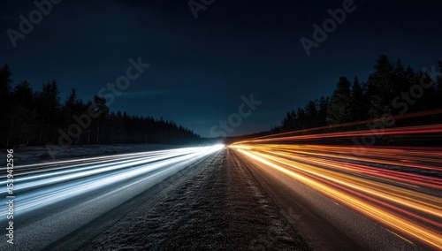 Two roads diverge at night, car lights streaking