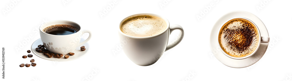 Obraz premium different types of coffee in white cups. isolated on transparent background