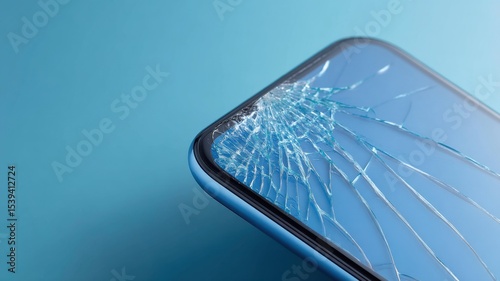 A close-up of a smartphone with a shattered screen against a blue background.