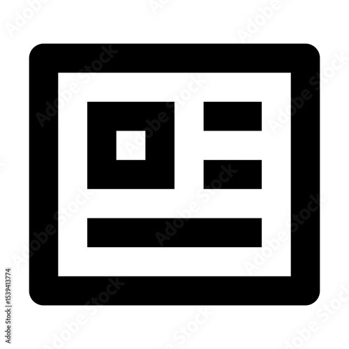 Black outline of a document with a square and horizontal lines representing text layout design here