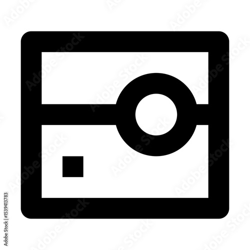 Illustration of a camera icon with a square and circle in a rectangular frame in black and white