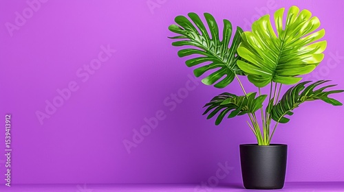 Green Monstera Plant in Black Pot Against Purple Background