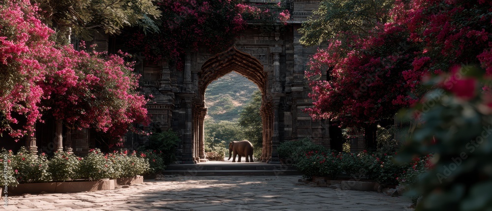 Obraz premium Majestic Elephant at Ancient Archway Lush Garden India