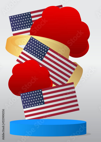Mockup product display with American Flag. Vector cylinder pedestal podium. Stage showcase for presentation. Minimal geometric forms.