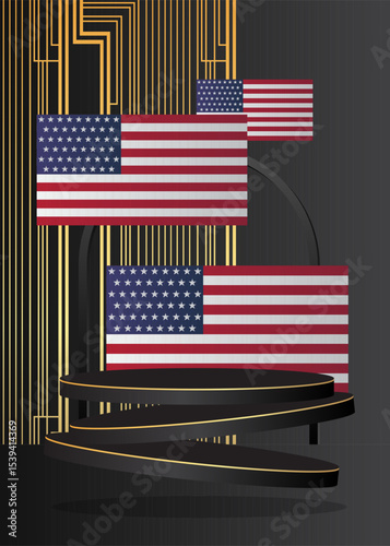 Mockup product display with American Flag. Vector cylinder pedestal podium. Stage showcase for presentation. Minimal geometric forms.