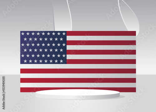 Mockup product display with American Flag. Vector cylinder pedestal podium. Stage showcase for presentation. Minimal geometric forms.