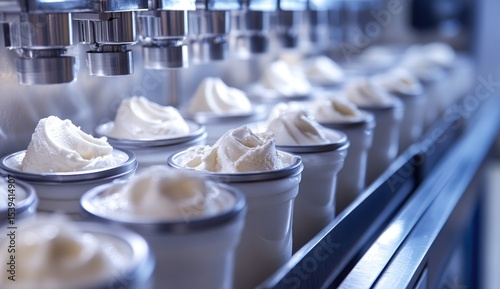 Ice cream production line.  Rows of white containers filled with frothy, creamy ice cream, being dispensed by automated machinery