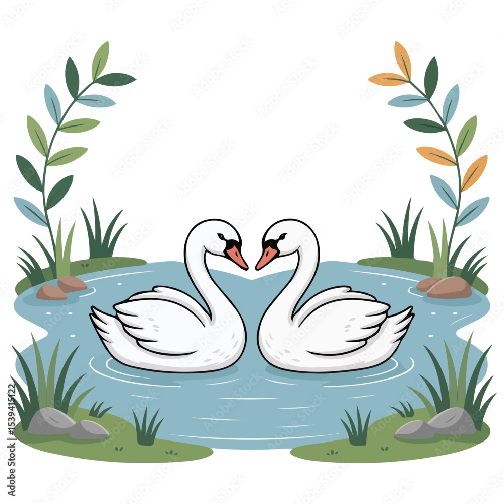 Obraz premium two white swans swimming in pond vector illustration isolated on white background